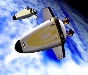 Computer artwork of space shuttles in Earth orbit Computer artwork of space shuttles in Earth orbit