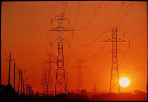Images Dated 23rd November 1992: Electricity transmission lines at sunset