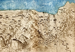 <b class=qtipBold><figcaption>Historical map of Tuscany, Italy</figcaption></b><br>Map of Tuscany, Italy, by the Italian artist and scientist Leonardo da Vinci (1452-1519). North is at right. The Mediterranean Sea is at top. Pisa is the large city at upper right on the River Arno.<br><em>© SHEILA TERRY/SCIENCE PHOTO LIBRARY</em> Historical map of Tuscany, Italy