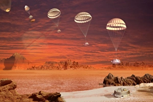Huygens probe landing on Titan, artwork Huygens probe landing on Titan, artwork