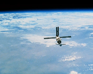 Mir space station in orbit seen from Soyuz Mir space station in orbit seen from Soyuz