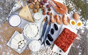 Protein-rich foods. Assorted selection of foods that contain high levels of protein. carbohydrates. Those shown here include: meat, fish, shellfish, dairy products (including milk and cheeses), nuts, tofu, soya beans, sprouts, eggs, and pulses (beans) Protein-rich foods C014 / 1138