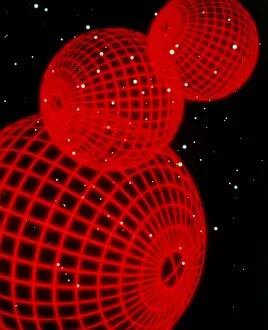 Three red wire-drawn spheres