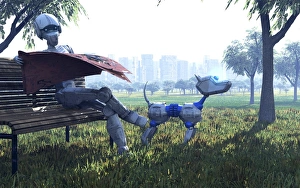 Cybernetic Gallery: Robot reading a newspaper, artwork