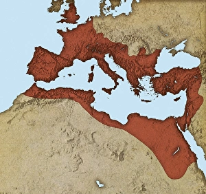 <b class=qtipBold><figcaption>Roman Empire, artwork</figcaption></b><br>Roman Empire. Computer artwork showing the extent of the Roman Empire (red) during its peak in the 1st Century AD. The Roman Empire reached its greatest extent under the rain of Emperor Trajan (Marcus Ulpius Nerva Traianus) between 98-117 AD, during which time it controlled approximately 6.5 million kilometres of land surface.<br><em>© MIKKEL JUUL JENSEN / SCIENCE PHOTO LIBRARY</em> Roman Empire, artwork