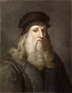 Colour portrait print of Leonardo da Vinci, an Italian artist and inventor
