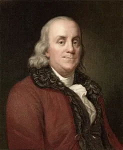 Prints of Benjamin Franklin, scientist, inventor, and US Founding Father (January 17 1706 - April 17 1790). Steel engraving by J. Thompson 1834 with later colouring, after 1778 painting by Duplessis F Prints: Benjamin Franklin Print, Steel Engraving