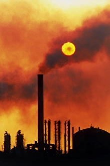 Smoking chimneys of an oil refinery at sunset Smoking chimneys of an oil refinery at sunset