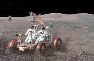 Prints of Apollo lunar rover, artwork. Two Apollo astronauts in a lunar rover, exploring on the Moon. Their lunar landing module is at upper left Le Mans 24 Hour Automobile Race Prints: Apollo Lunar Rover Print