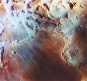 Viking photo of sunrise over Martian canyons