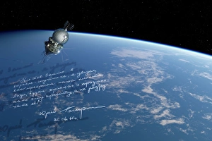 Vostok 1 spacecraft in orbit, artwork Vostok 1 spacecraft in orbit, artwork