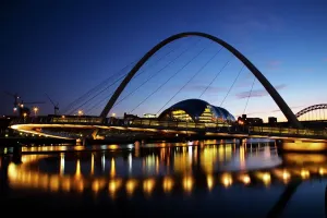 Prints of England, Tyne and Wear, Newcastle Upon Tyne. The Millennium Bridge and the river Tyne, viewed at night from the Newcastle upon tyne quayside Northern Ireland Prints: Newcastle Upon Tyne Quayside Print