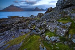 Images Dated 1st October 2009: Scotland, Isle Of Skye, Elgol. Looking across the rocky shoreline north of Elgol towards the peaks
