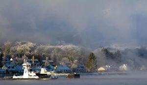 Images Dated 8th January 2010: Scotland, Scottish Highlands, Corran. The Corran ferry port with hoarfrost covered woodland behind
