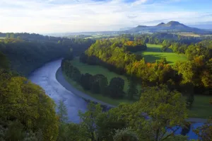 Prints of Scotland, Scottish Borders, Melrose. The Eildon Hills and the River Tweed, viewed in Autumn from the famous viewpoint of Scotts View near Newton St Boswells Scotland Prints: Autumn Landscape Print of the Eildon Hills and River Tweed