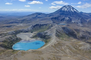 Aerial of the blue lake before Mount Ngauruhoe, Tongariro National Park Aerial of the blue lake before Mount Ngauruhoe, Tongariro National Park