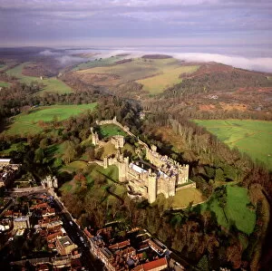 Aerial image of Arundel Castle, a restored medieval castle, South Downs