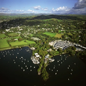 Prints of Aerial image of Bowness-on-Windermere, Lake Windermere, Lake District National Park, Cumbria, England, United Kingdom, Europe Lake Prints: Aerial Print of Bowness-on-Windermere, Lake District