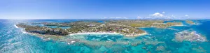 Aerial panoramic by drone of the coral reef around Long Bay, Antigua, Antigua and Barbuda Aerial panoramic by drone of the coral reef around Long Bay, Antigua, Antigua and Barbuda