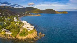 Aerial panoramic by drone of the Curtain Bluff resort overlooking the Caribbean Sea Aerial panoramic by drone of the Curtain Bluff resort overlooking the Caribbean Sea