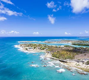 Aerial panoramic by drone of Long Bay, Devils Bridge and The Verandah resort Aerial panoramic by drone of Long Bay, Devils Bridge and The Verandah resort