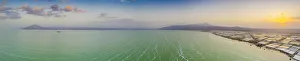 Aerial panoramic of Lake Afrera (Lake Afdera) and salt flats tanks, Danakil Depression Aerial panoramic of Lake Afrera (Lake Afdera) and salt flats tanks, Danakil Depression