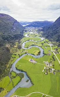 Images Dated 22nd September 2019: Aerial panoramic of serpentine shape of Stryneelva river, Stryn, Nordfjorden, Sogn