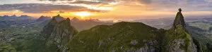 Aerial panoramic of sunset over Le Pouce and Pieter Both mountains, Moka Range, Port