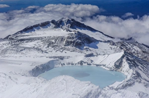 Aerial of a tuquoise crater lake on top of Mount Ruapehu, Tongariro National Park Aerial of a tuquoise crater lake on top of Mount Ruapehu, Tongariro National Park