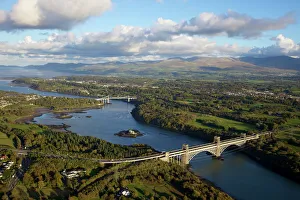 Images Dated 24th October 2010: Aerial view of Britannia Bridge and the Menai Bridge, Menai Strait, Gwynedd