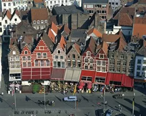 Belgium Collection: Aerial view of cafe facades, Market Square, Bruges, Belgium, Europe