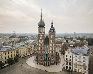 Aerial view of The Church of Saint Mary in Rynek Glowny (Market Square), UNESCO World