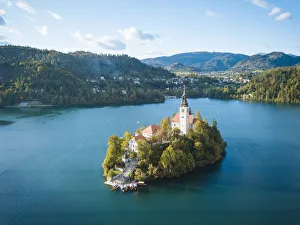 Slovenia Gallery: Aerial view by drone of Bled Island with the Church of the Assumption at dawn, Lake Bled