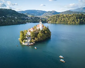 Slovenia Gallery: Aerial view by drone of Bled Island with the Church of the Assumption at dawn, Lake Bled