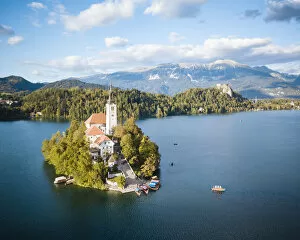 Slovenia Gallery: Aerial view by drone of Bled Island with the Church of the Assumption at dawn, Lake Bled