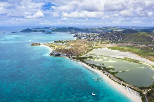 Aerial view by drone of Darkwood Beach and tropical lagoon, Antigua, Leeward Islands Aerial view by drone of Darkwood Beach and tropical lagoon, Antigua, Leeward Islands