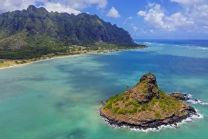 Aerial view by drone of Kaneohe Bay and Mokolii island (Chinamans Hat), Oahu Island Aerial view by drone of Kaneohe Bay and Mokolii island (Chinamans Hat), Oahu Island
