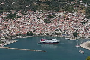 Ferry Collection: Aerial view of ferry in harbour, Skopelos, Sporades, Greek Islands, Greece, Europe
