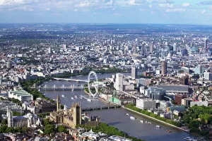 Images Dated 28th July 2013: Aerial view of the Houses of Parliament, Westminster Abbey, London Eye and River Thames, London