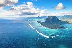 Aerial view of mountain overlooking the ocean, Le Morne Brabant peninsula Aerial view of mountain overlooking the ocean, Le Morne Brabant peninsula