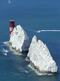 Eroded Gallery: Aerial view of the Needles rocks and lighthouse, Isle of Wight, England