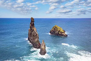 Aerial view of rock formation Ilheus da Rib and Ribeira da Janela in the rough ocean Aerial view of rock formation Ilheus da Rib and Ribeira da Janela in the rough ocean