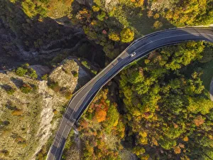 Aerial view of Scheggia Pass and Ponte a Botte bridge in autumn, Scheggia, Apennines, Umbria, Italy, Europe Aerial view of Scheggia Pass and Ponte a Botte bridge in autumn, Scheggia, Apennines, Umbria, Italy, Europe