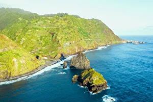 Aerial view of sea stack rocks of Ilheus da Rib and Ribeira da Janela and coastline Aerial view of sea stack rocks of Ilheus da Rib and Ribeira da Janela and coastline