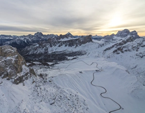 Aerial view of the snowy peaks of Giau Pass, Cortina d'Ampezzo, Dolomites, Province of Belluno Aerial view of the snowy peaks of Giau Pass, Cortina d'Ampezzo, Dolomites, Province of Belluno