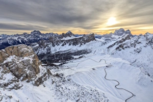 Aerial view of the snowy peaks of Giau Pass Ra Gusela and Lastoi De Formin, Cortina d'Ampezzo Aerial view of the snowy peaks of Giau Pass Ra Gusela and Lastoi De Formin, Cortina d'Ampezzo