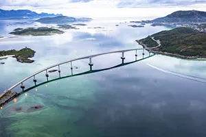 Aerial view of Sommaroy bridge connecting island to mainland, Sommaroy, Troms county Aerial view of Sommaroy bridge connecting island to mainland, Sommaroy, Troms county