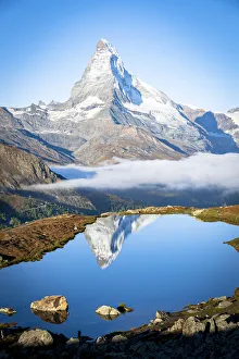 Aerial view of Stellisee lake and Matterhorn at sunrise, Zermatt, Valais Canton Aerial view of Stellisee lake and Matterhorn at sunrise, Zermatt, Valais Canton