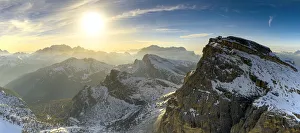 Aerial view of sunset over Mount Lagazuoi in autumn, Fanis Group, Dolomites Aerial view of sunset over Mount Lagazuoi in autumn, Fanis Group, Dolomites