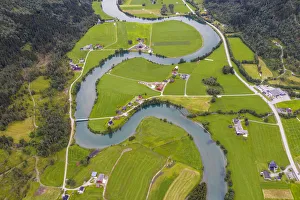 Aerial view of the winding course of Stryneelva river, Stryn, Nordfjorden, Sogn og Aerial view of the winding course of Stryneelva river, Stryn, Nordfjorden, Sogn og